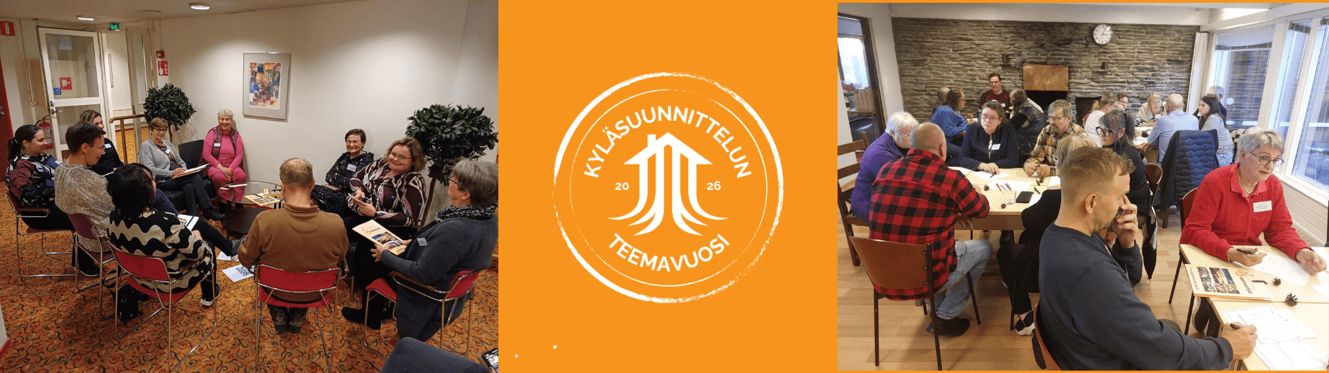 ihmisiä kokoontuneena. keskellä kyläsuunnittelu 2026 logo